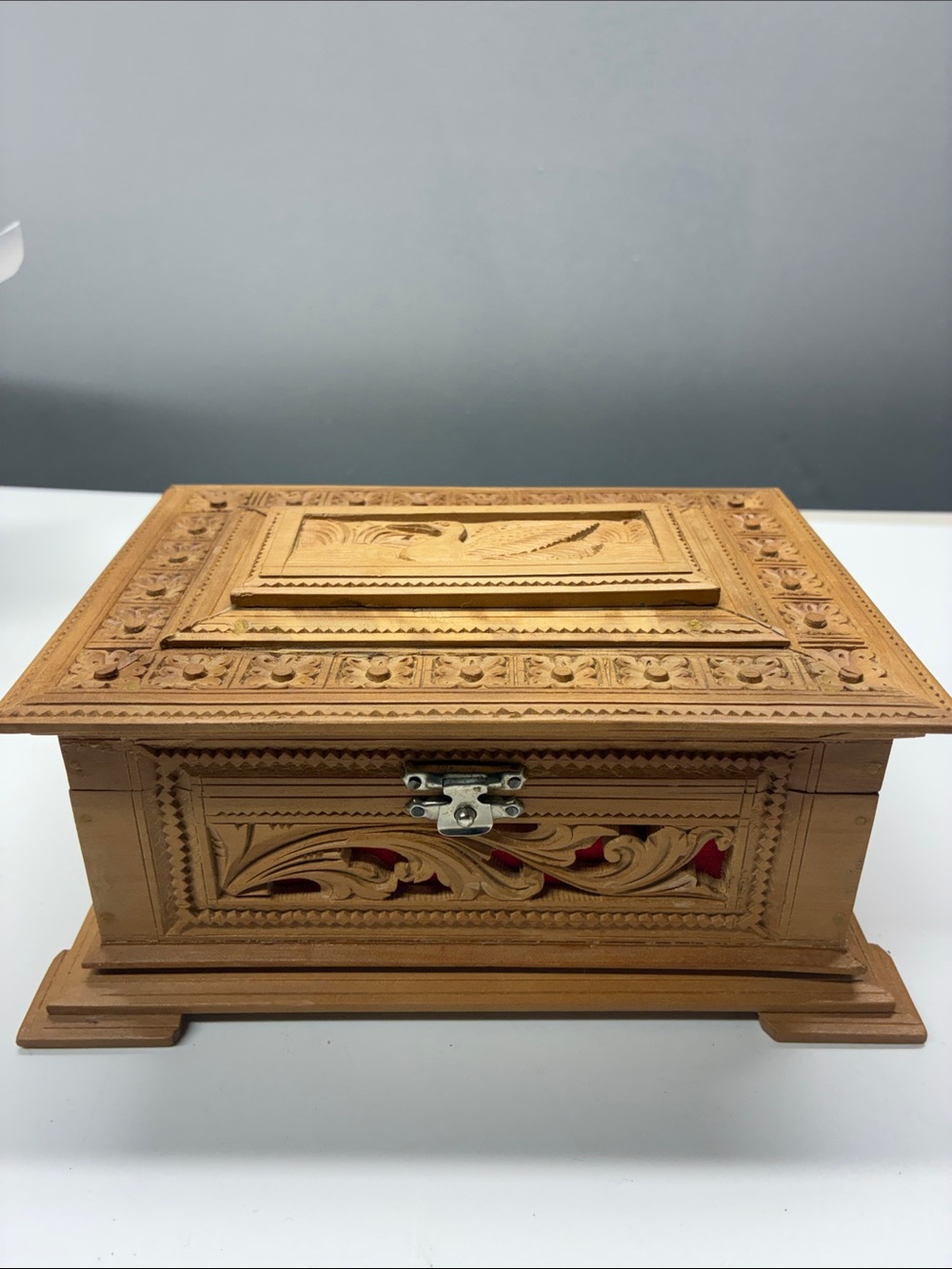 Hand-Carved Wooden Jewelry Box with Red Liner